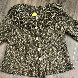 Ruby Red Women’s Large Knubby Chunky Knit Sweater Collar Fringe Brown 3/4 Sleeve